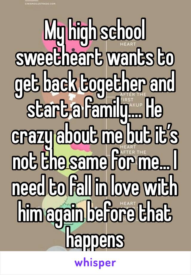 My high school sweetheart wants to get back together and start a family…. He crazy about me but it’s not the same for me… I need to fall in love with him again before that happens 