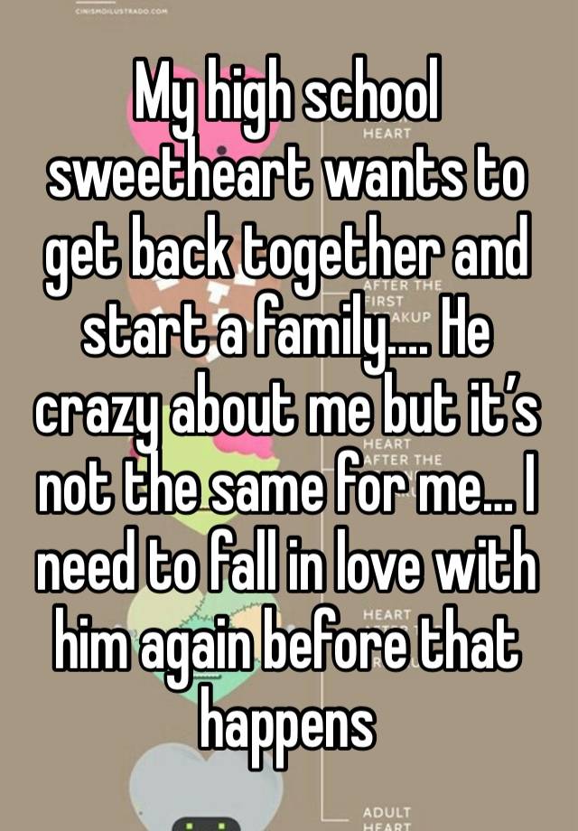 My high school sweetheart wants to get back together and start a family…. He crazy about me but it’s not the same for me… I need to fall in love with him again before that happens 