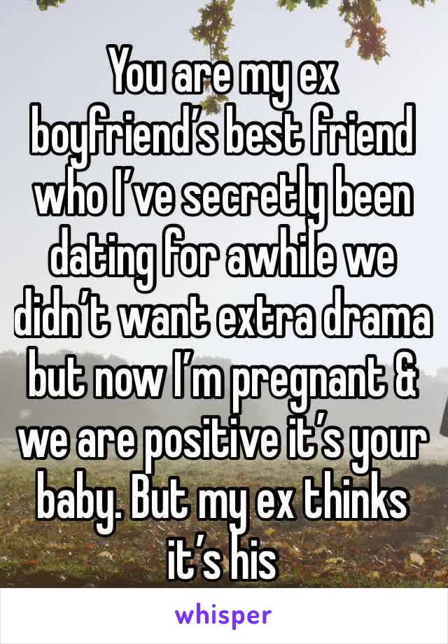 You are my ex boyfriend’s best friend who I’ve secretly been dating for awhile we didn’t want extra drama but now I’m pregnant & we are positive it’s your baby. But my ex thinks it’s his 