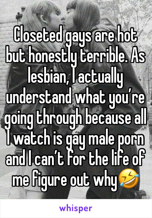 Closeted gays are hot but honestly terrible. As lesbian, I actually understand what you’re going through because all I watch is gay male porn and I can’t for the life of me figure out why🤣