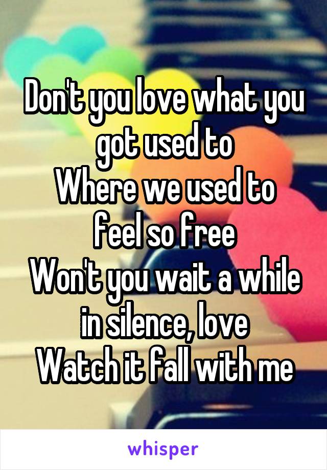 
Don't you love what you got used to
Where we used to feel so free
Won't you wait a while in silence, love
Watch it fall with me