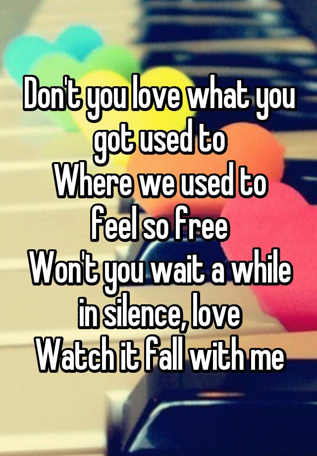 
Don't you love what you got used to
Where we used to feel so free
Won't you wait a while in silence, love
Watch it fall with me