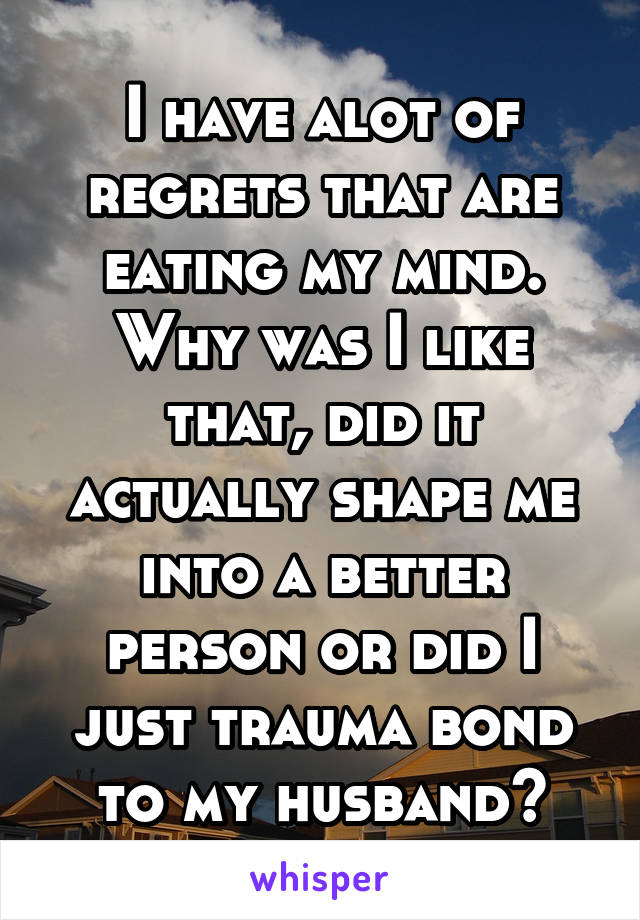 I have alot of regrets that are eating my mind.
Why was I like that, did it actually shape me into a better person or did I just trauma bond to my husband?