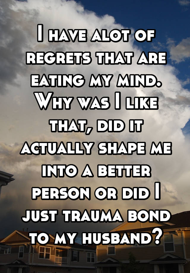 I have alot of regrets that are eating my mind.
Why was I like that, did it actually shape me into a better person or did I just trauma bond to my husband?