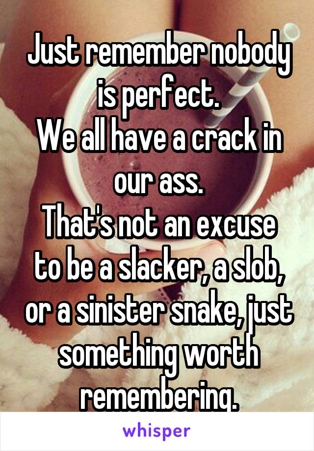 Just remember nobody is perfect.
We all have a crack in our ass.
That's not an excuse to be a slacker, a slob, or a sinister snake, just something worth remembering.