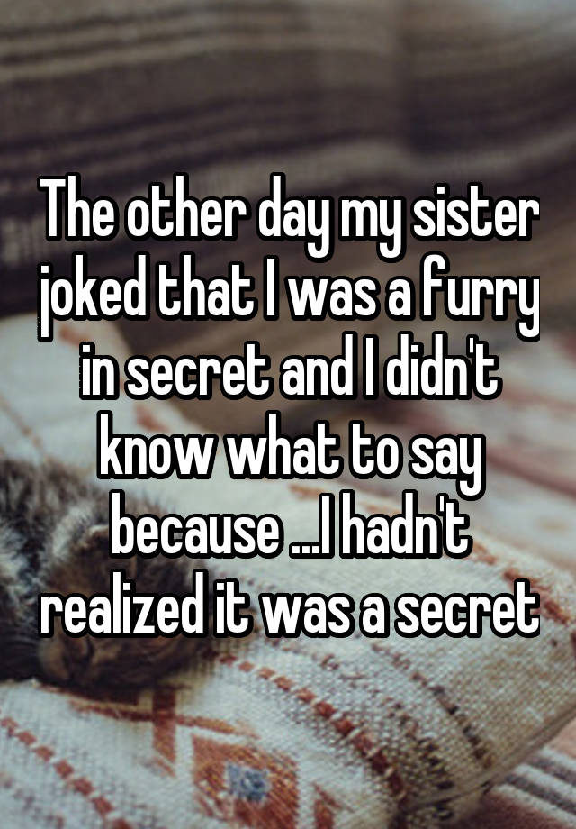 The other day my sister joked that I was a furry in secret and I didn't know what to say because ...I hadn't realized it was a secret