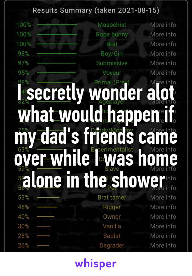 I secretly wonder alot what would happen if my dad's friends came over while I was home alone in the shower 