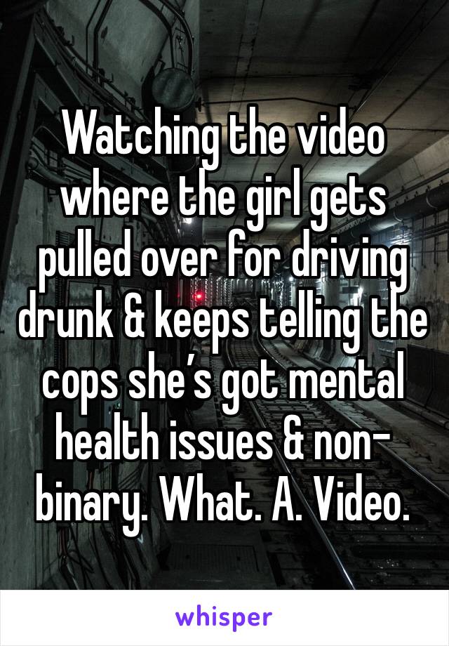 Watching the video where the girl gets pulled over for driving drunk & keeps telling the cops she’s got mental health issues & non-binary. What. A. Video. 