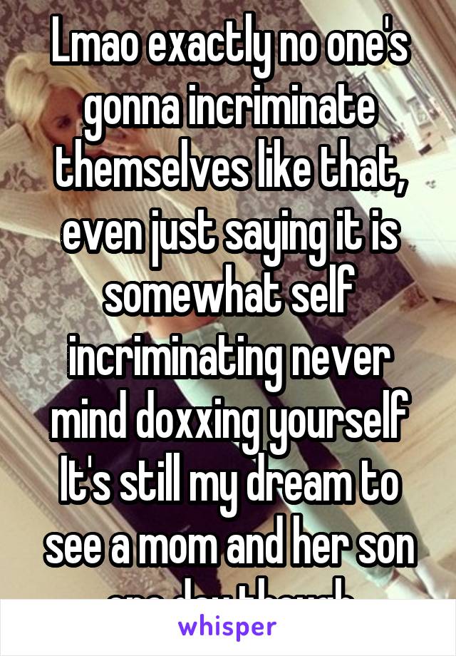 Lmao exactly no one's gonna incriminate themselves like that, even just saying it is somewhat self incriminating never mind doxxing yourself
It's still my dream to see a mom and her son one day though