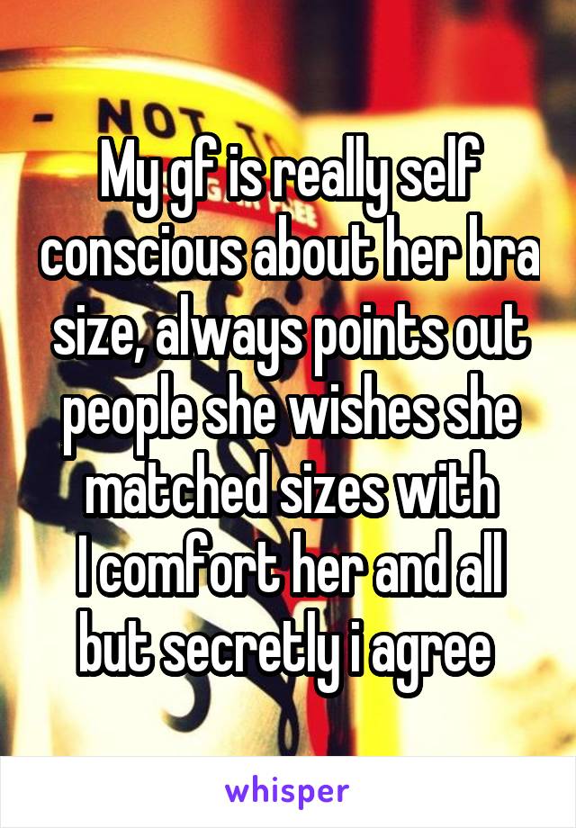 My gf is really self conscious about her bra size, always points out people she wishes she matched sizes with
I comfort her and all but secretly i agree 