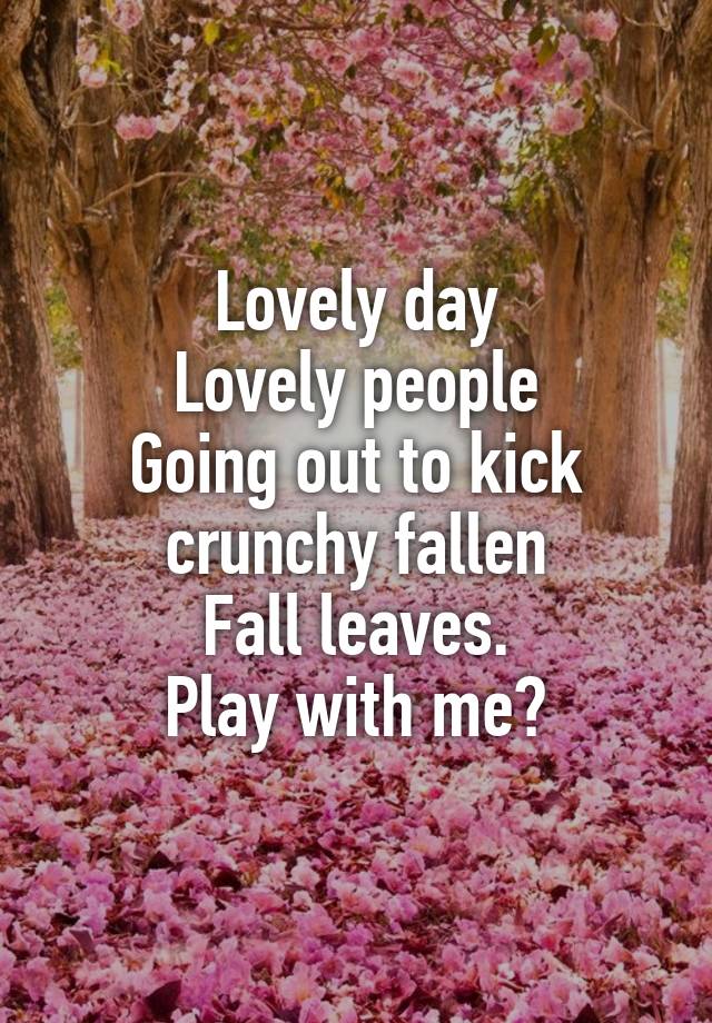 Lovely day
Lovely people
Going out to kick crunchy fallen
Fall leaves.
Play with me?