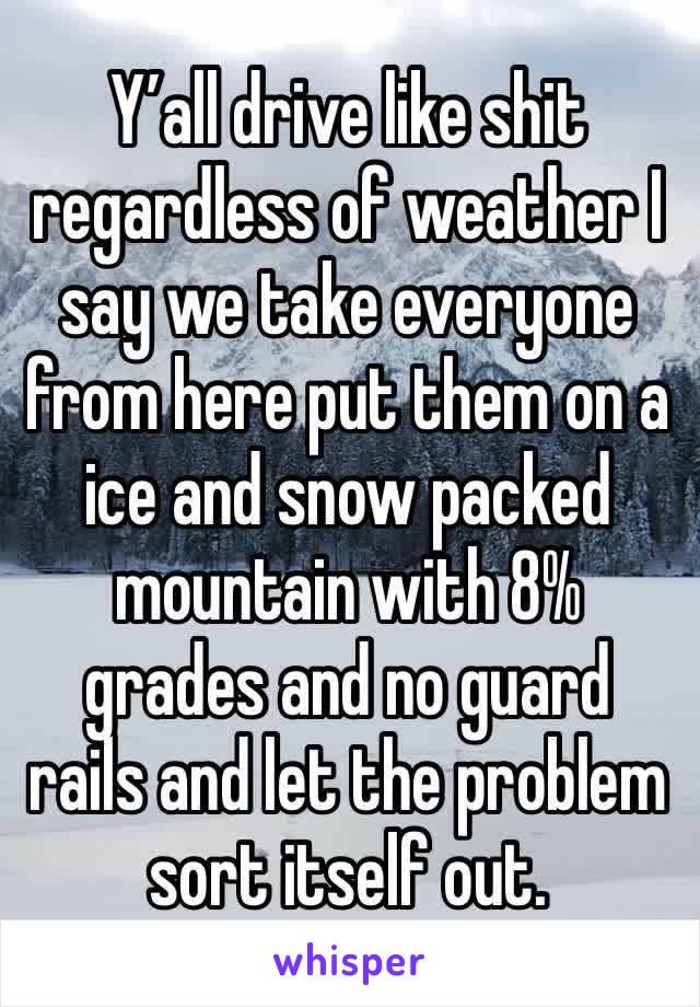 Y’all drive like shit regardless of weather I say we take everyone from here put them on a ice and snow packed mountain with 8% grades and no guard rails and let the problem sort itself out. 