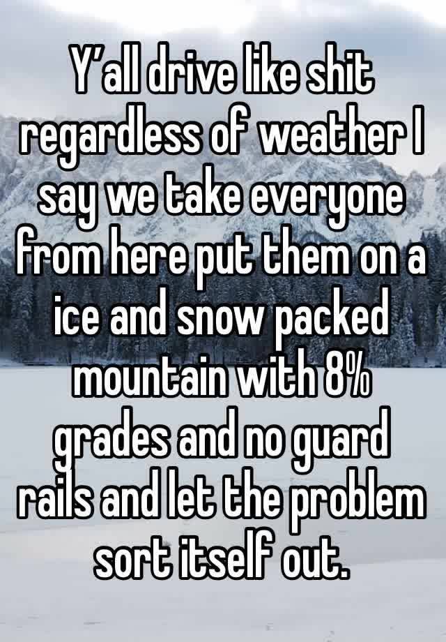 Y’all drive like shit regardless of weather I say we take everyone from here put them on a ice and snow packed mountain with 8% grades and no guard rails and let the problem sort itself out. 