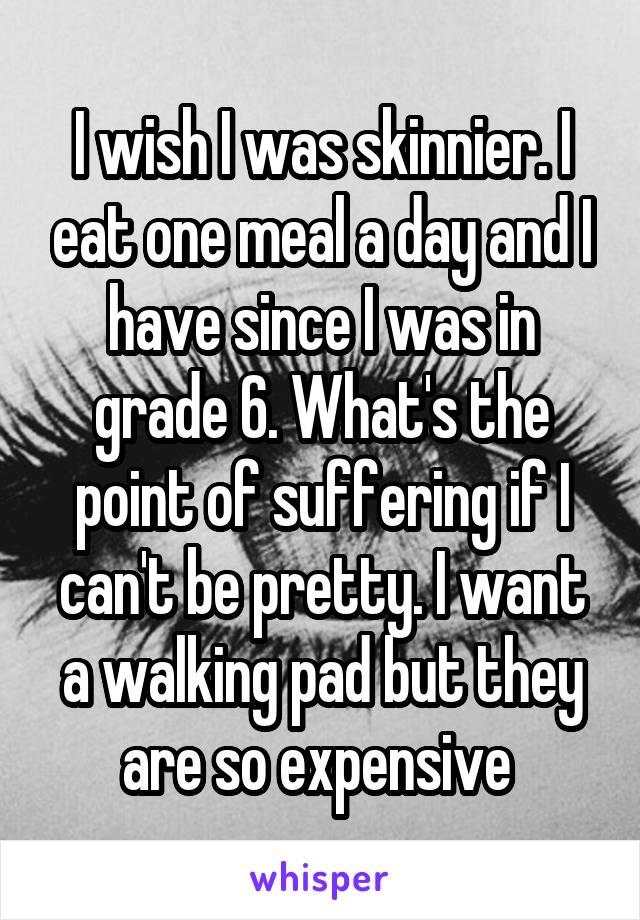 I wish I was skinnier. I eat one meal a day and I have since I was in grade 6. What's the point of suffering if I can't be pretty. I want a walking pad but they are so expensive 