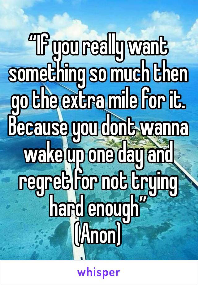 “If you really want something so much then go the extra mile for it. Because you dont wanna wake up one day and regret for not trying hard enough”
(Anon)