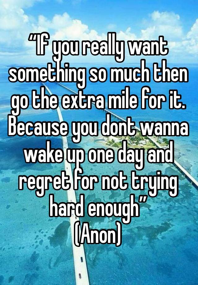 “If you really want something so much then go the extra mile for it. Because you dont wanna wake up one day and regret for not trying hard enough”
(Anon)