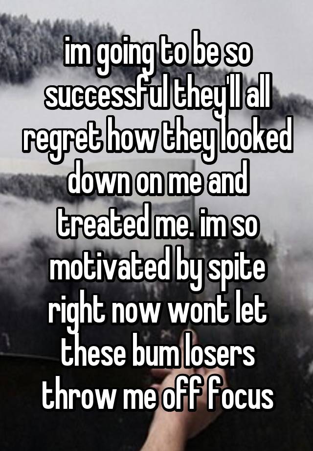 im going to be so successful they'll all regret how they looked down on me and treated me. im so motivated by spite right now wont let these bum losers throw me off focus