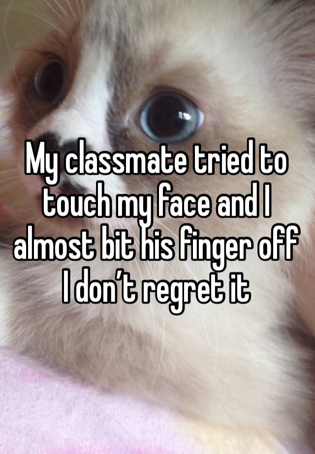 My classmate tried to touch my face and I almost bit his finger off
I don’t regret it