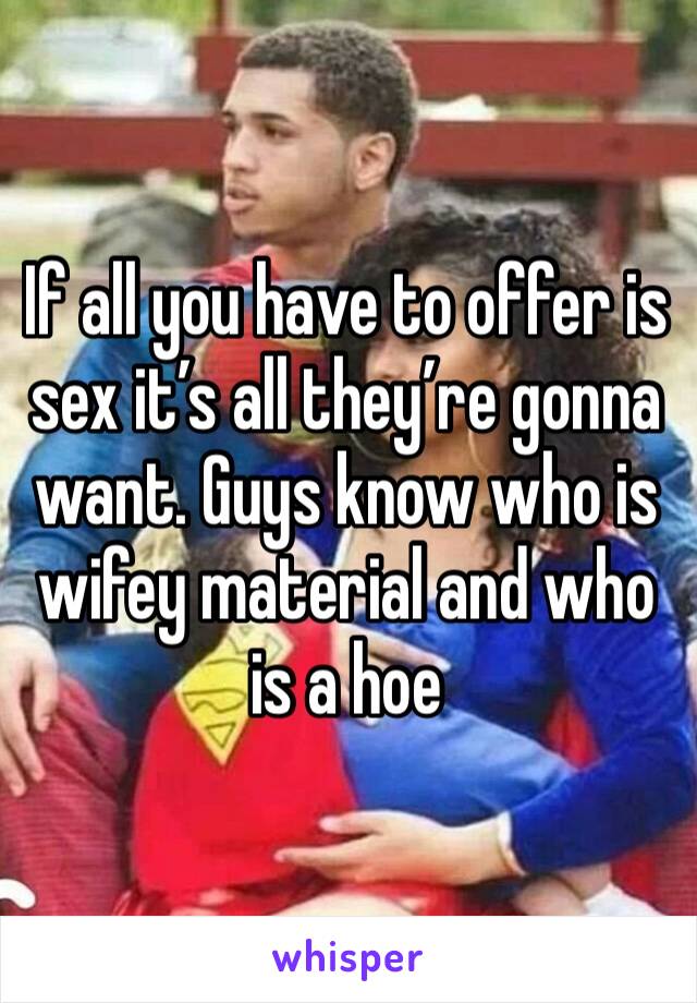 If all you have to offer is sex it’s all they’re gonna want. Guys know who is wifey material and who is a hoe