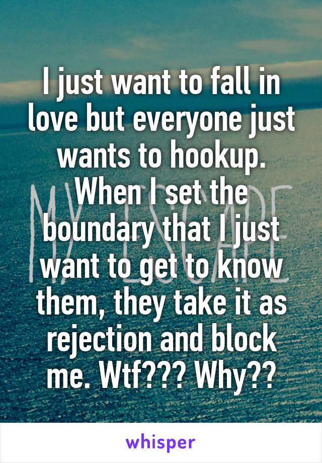 I just want to fall in love but everyone just wants to hookup. When I set the boundary that I just want to get to know them, they take it as rejection and block me. Wtf??? Why??