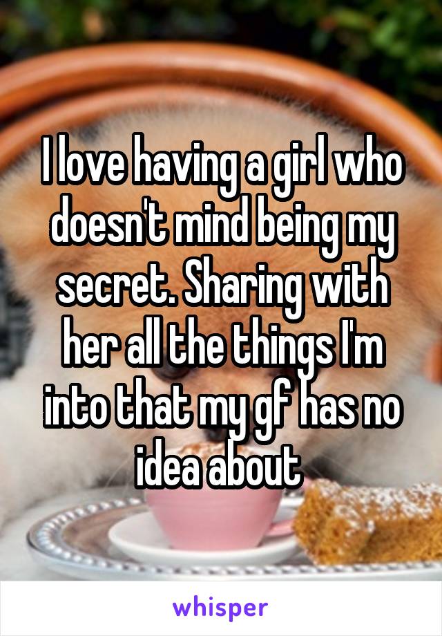 I love having a girl who doesn't mind being my secret. Sharing with her all the things I'm into that my gf has no idea about 