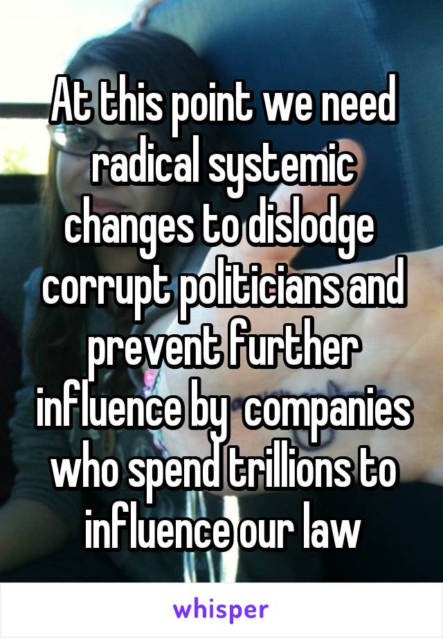 At this point we need radical systemic changes to dislodge  corrupt politicians and prevent further influence by  companies who spend trillions to influence our law