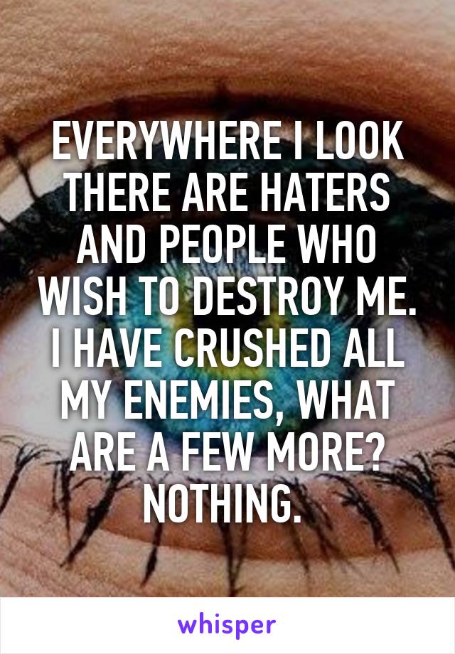 EVERYWHERE I LOOK THERE ARE HATERS AND PEOPLE WHO WISH TO DESTROY ME. I HAVE CRUSHED ALL MY ENEMIES, WHAT ARE A FEW MORE? NOTHING. 