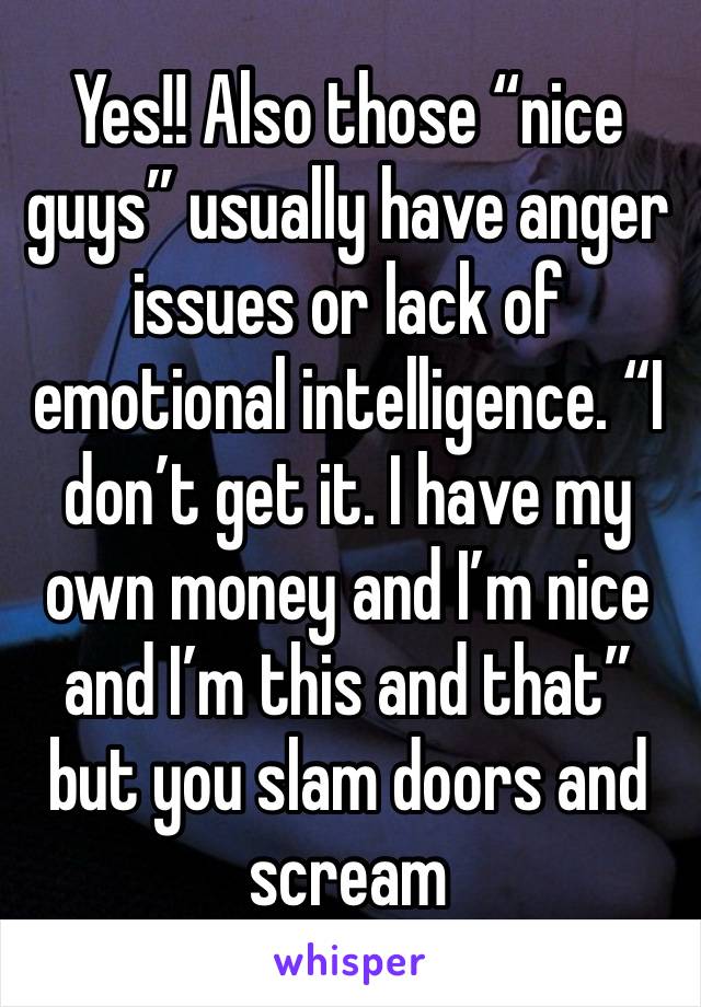 Yes!! Also those “nice guys” usually have anger issues or lack of emotional intelligence. “I don’t get it. I have my own money and I’m nice and I’m this and that” but you slam doors and scream