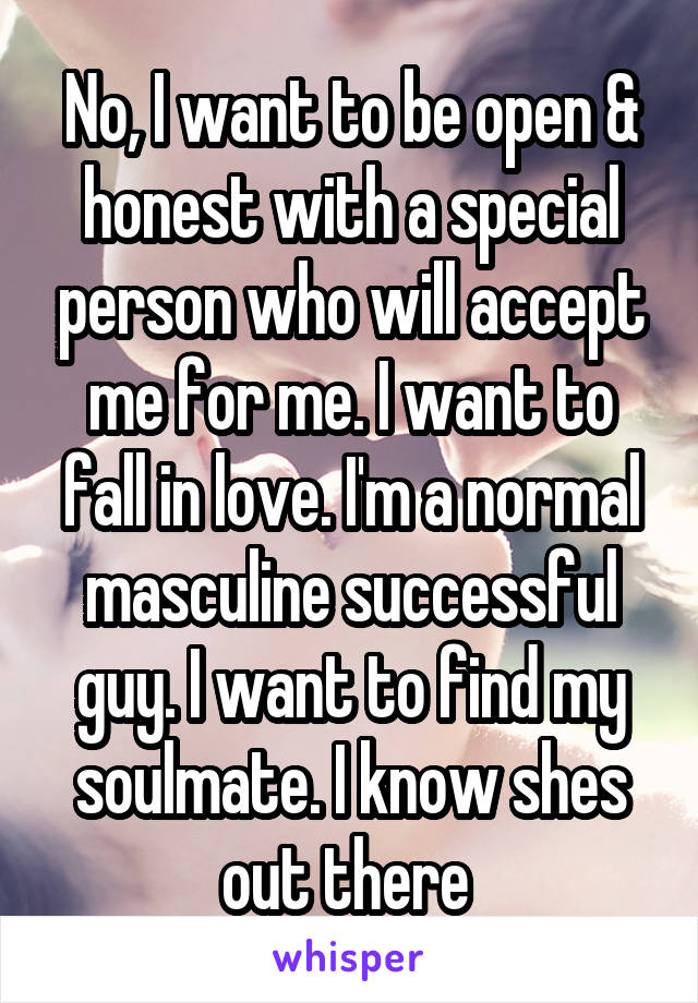 No, I want to be open & honest with a special person who will accept me for me. I want to fall in love. I'm a normal masculine successful guy. I want to find my soulmate. I know shes out there 