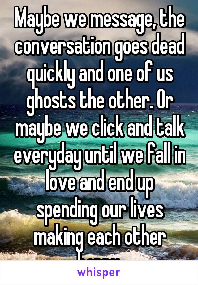 Maybe we message, the conversation goes dead quickly and one of us ghosts the other. Or maybe we click and talk everyday until we fall in love and end up spending our lives making each other happy.