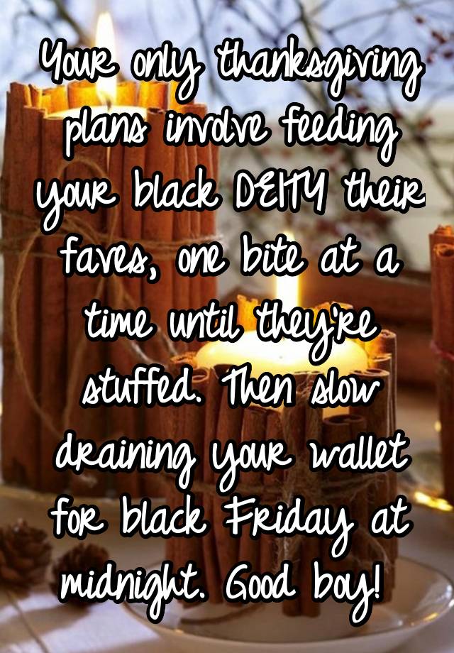 Your only thanksgiving plans involve feeding your black DEITY their faves, one bite at a time until they're stuffed. Then slow draining your wallet for black Friday at midnight. Good boy! 