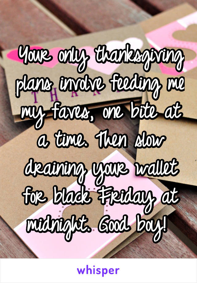 Your only thanksgiving plans involve feeding me my faves, one bite at a time. Then slow draining your wallet for black Friday at midnight. Good boy! 