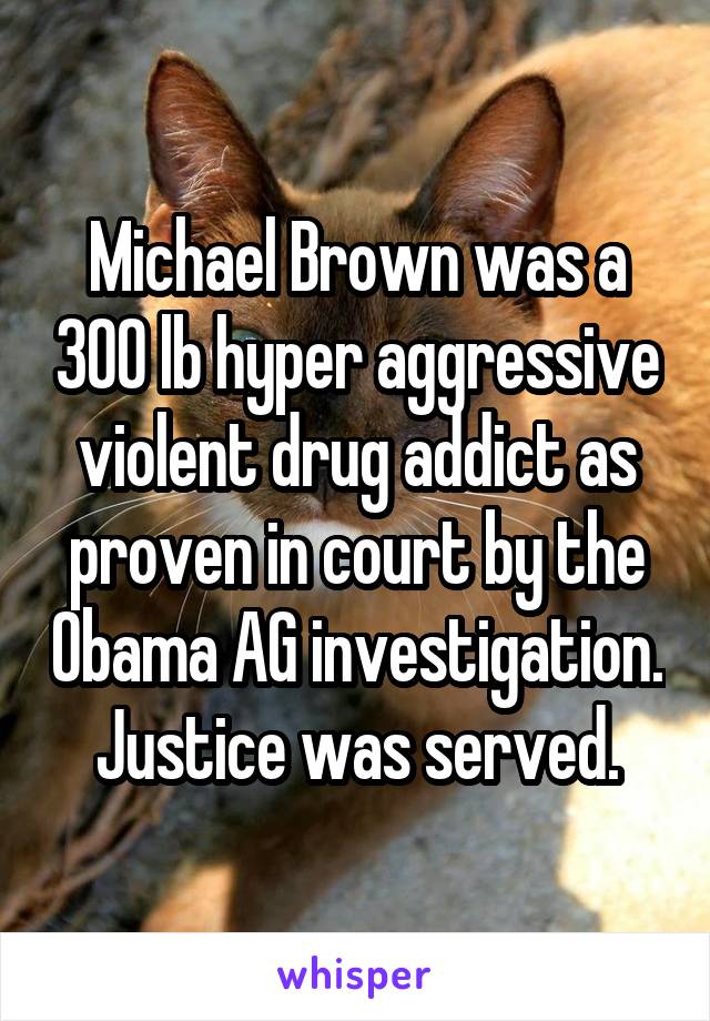 Michael Brown was a 300 lb hyper aggressive violent drug addict as proven in court by the Obama AG investigation.
Justice was served.