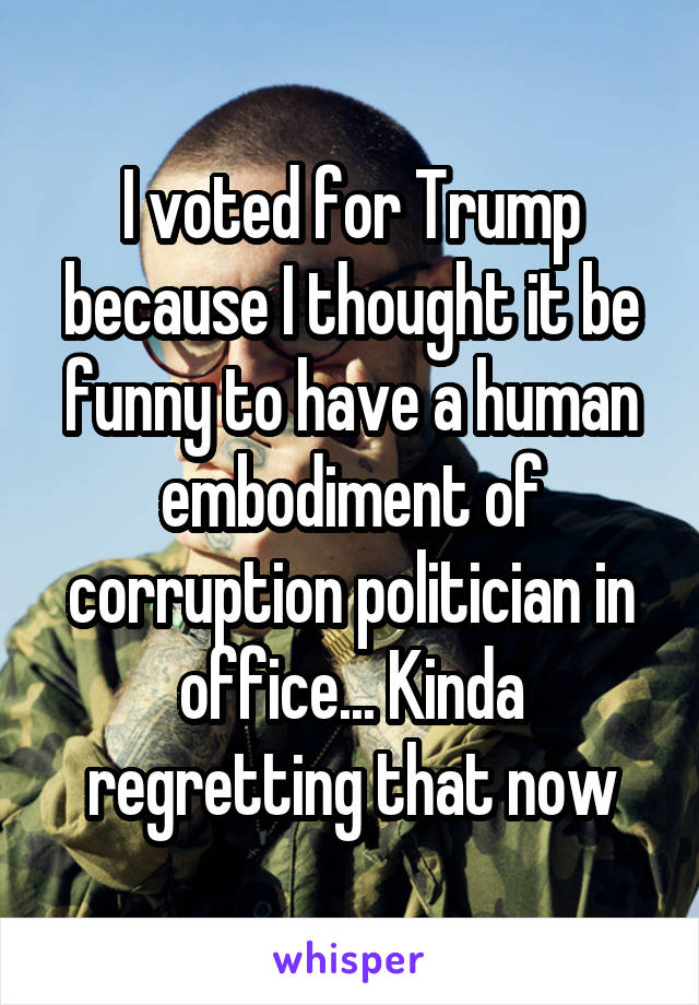 I voted for Trump because I thought it be funny to have a human embodiment of corruption politician in office... Kinda regretting that now