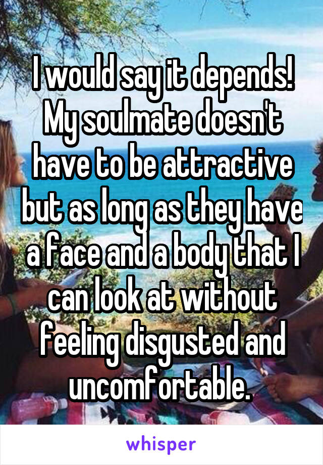 I would say it depends! My soulmate doesn't have to be attractive but as long as they have a face and a body that I can look at without feeling disgusted and uncomfortable. 