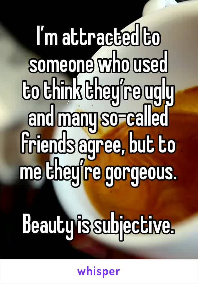 I’m attracted to
someone who used
to think they’re ugly
and many so-called
friends agree, but to
me they’re gorgeous.

Beauty is subjective.