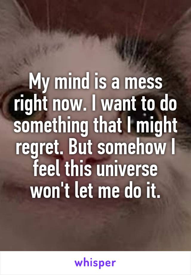 My mind is a mess right now. I want to do something that I might regret. But somehow I feel this universe won't let me do it.