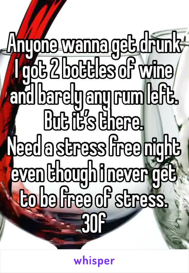 Anyone wanna get drunk I got 2 bottles of wine and barely any rum left. But it’s there. 
Need a stress free night even though i never get to be free of stress. 
30f