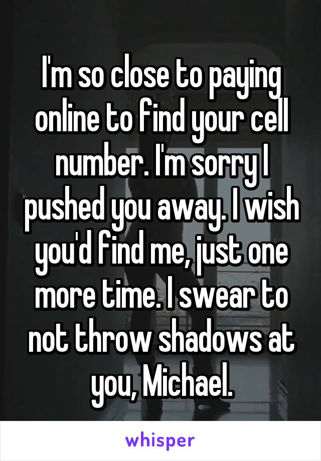 I'm so close to paying online to find your cell number. I'm sorry I pushed you away. I wish you'd find me, just one more time. I swear to not throw shadows at you, Michael.