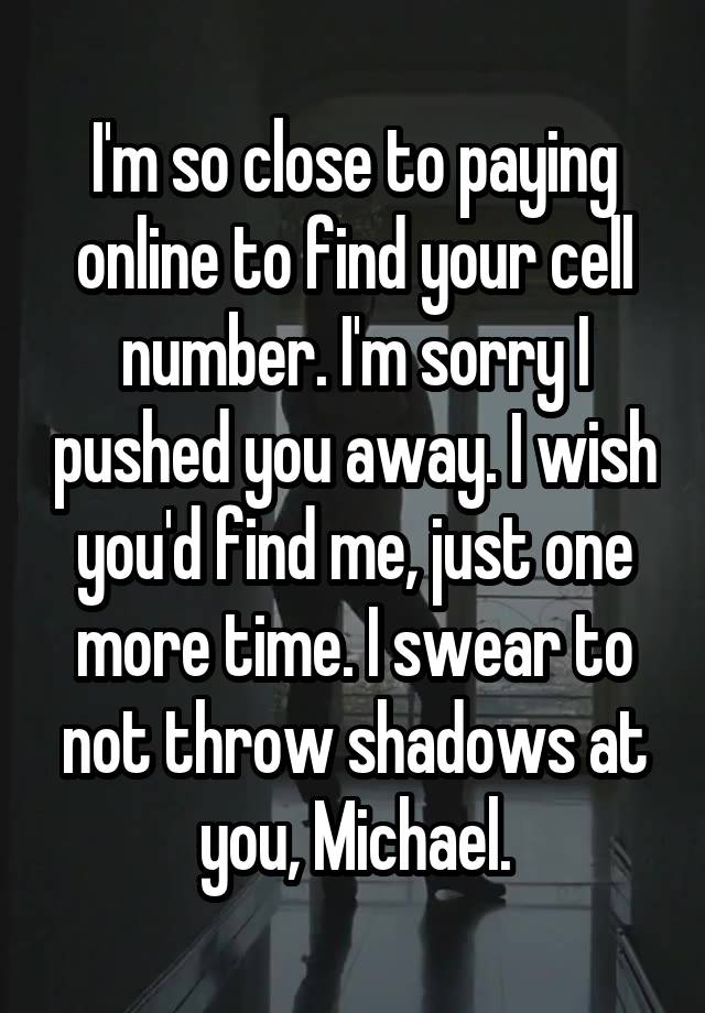 I'm so close to paying online to find your cell number. I'm sorry I pushed you away. I wish you'd find me, just one more time. I swear to not throw shadows at you, Michael.