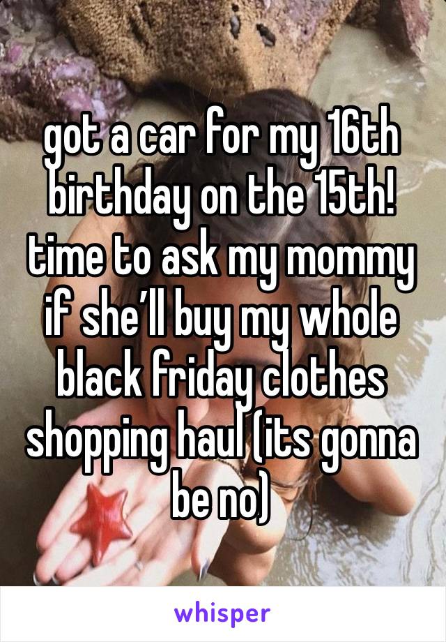 got a car for my 16th birthday on the 15th! time to ask my mommy if she’ll buy my whole black friday clothes shopping haul (its gonna be no)