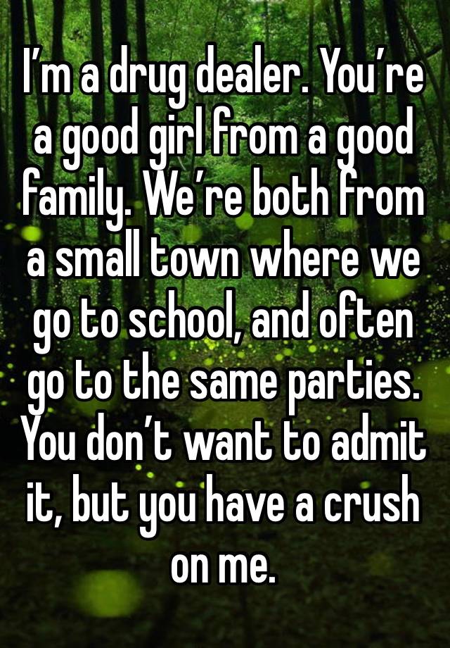 I’m a drug dealer. You’re a good girl from a good family. We’re both from a small town where we go to school, and often go to the same parties. You don’t want to admit it, but you have a crush on me.