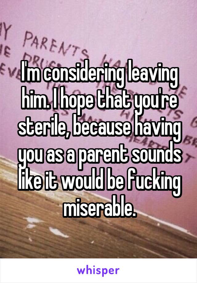 I'm considering leaving him. I hope that you're sterile, because having you as a parent sounds like it would be fucking miserable.