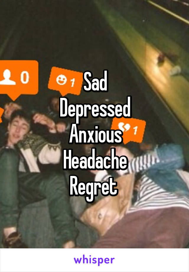 Sad
Depressed
Anxious
Headache
Regret 