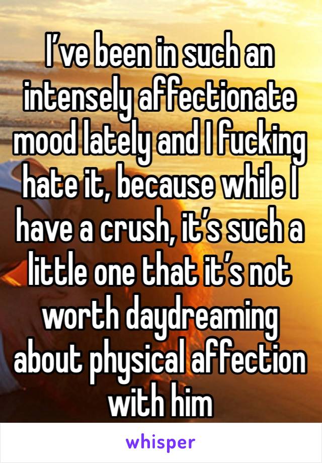 I’ve been in such an intensely affectionate mood lately and I fucking hate it, because while I have a crush, it’s such a little one that it’s not worth daydreaming about physical affection with him