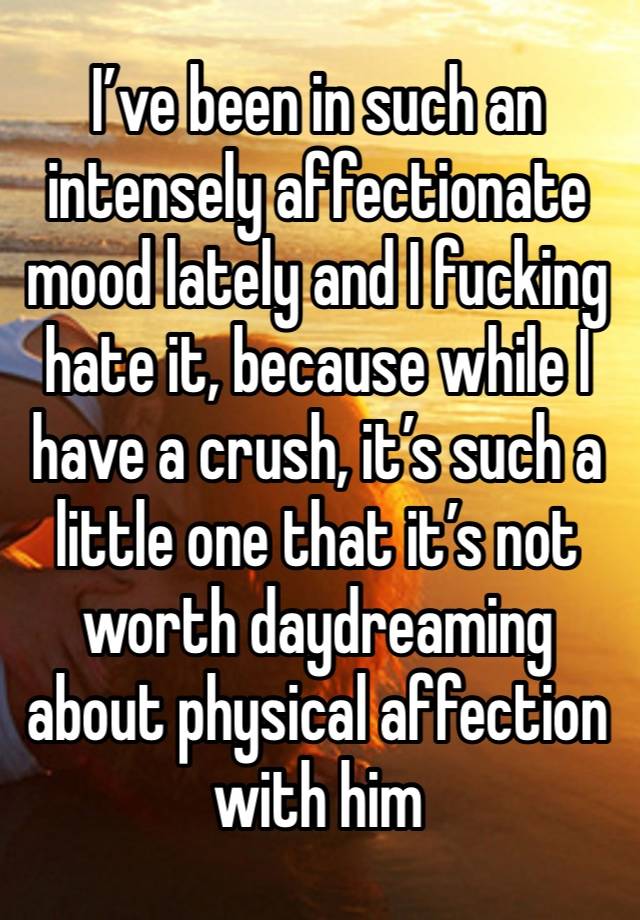 I’ve been in such an intensely affectionate mood lately and I fucking hate it, because while I have a crush, it’s such a little one that it’s not worth daydreaming about physical affection with him