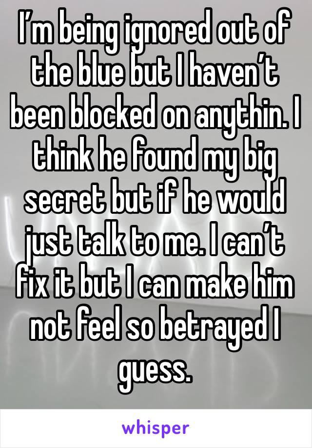 I’m being ignored out of the blue but I haven’t been blocked on anythin. I think he found my big secret but if he would just talk to me. I can’t fix it but I can make him not feel so betrayed I guess.