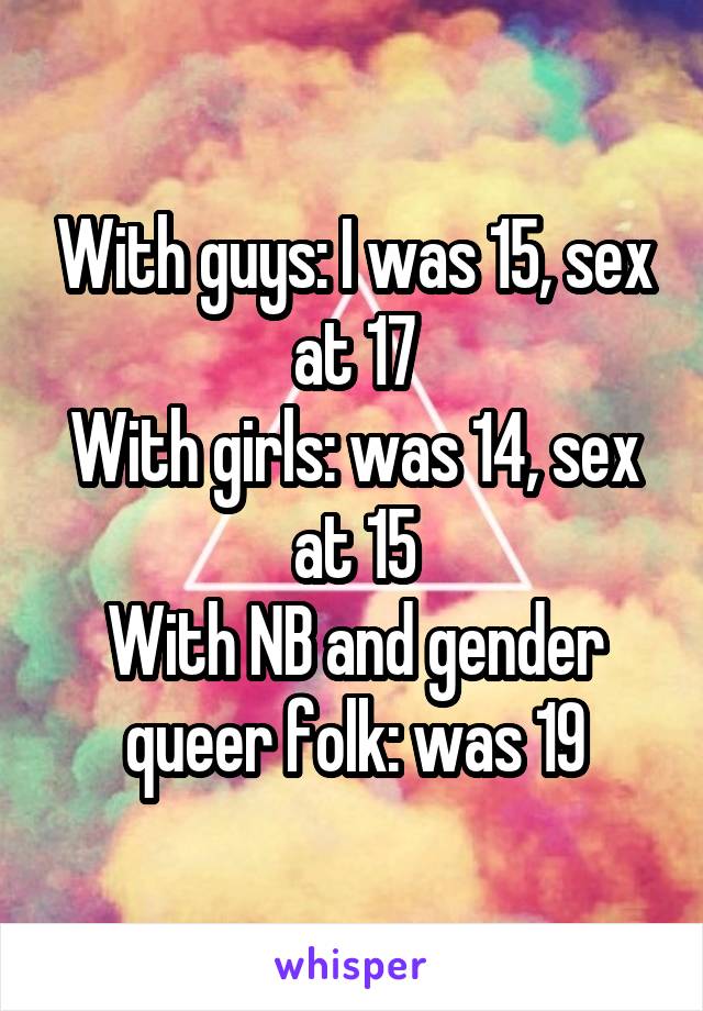 With guys: I was 15, sex at 17
With girls: was 14, sex at 15
With NB and gender queer folk: was 19