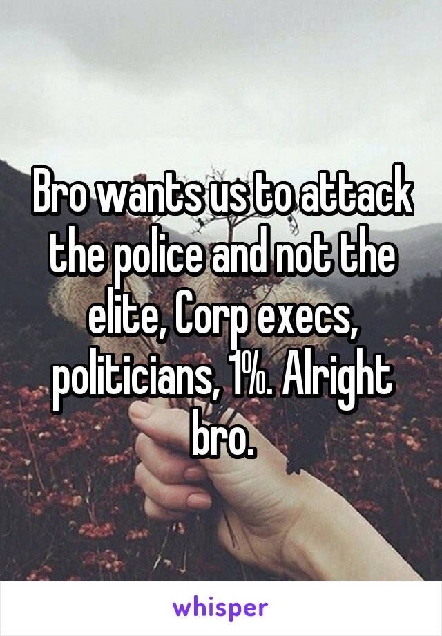 Bro wants us to attack the police and not the elite, Corp execs, politicians, 1%. Alright bro.