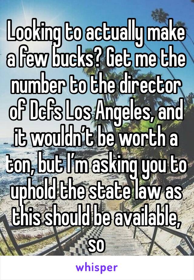 Looking to actually make a few bucks? Get me the number to the director of Dcfs Los Angeles, and it wouldn’t be worth a ton, but I’m asking you to uphold the state law as this should be available, so